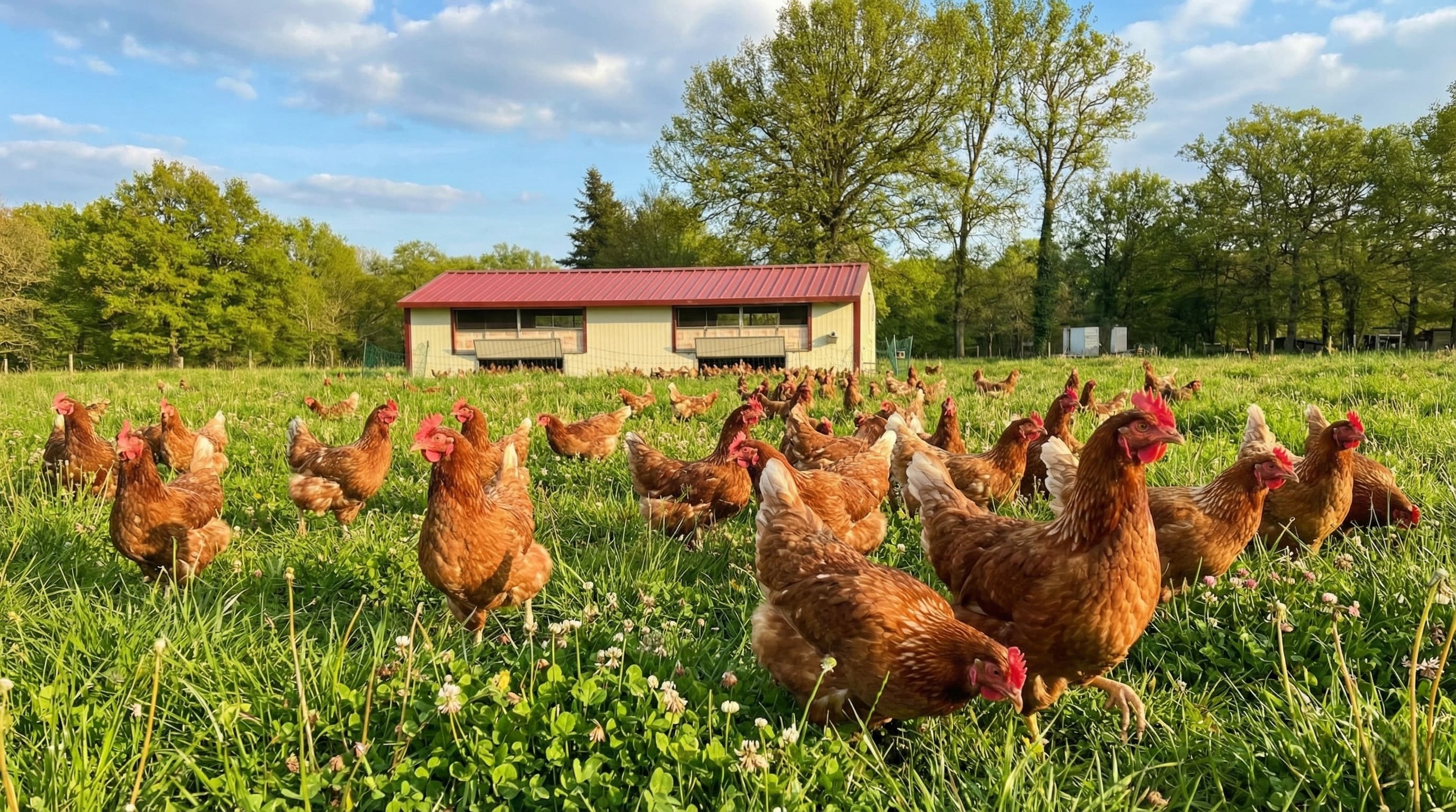 Poules en liberté dans la prairie